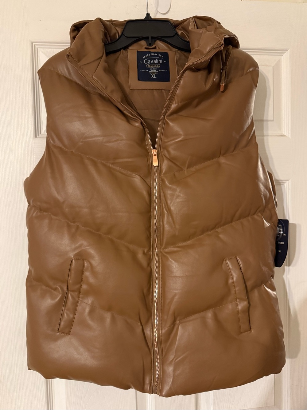 NWT Cavalini Quilted Vegan Leather Puffer Vest in Cognac